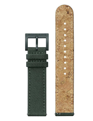 Angle shot of Mondaine MS1.41160.LF Green Textile Unisex Watch on white background