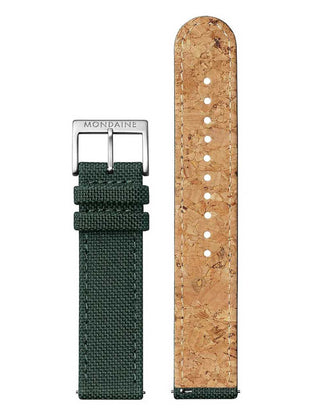 Angle shot of Mondaine A660.30360.60SBF Green Textile Unisex Watch on white background