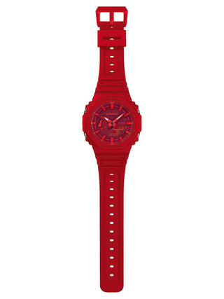 Angle shot of Casio Oak Red Chronograph GA-2100-4AER Red Dial Resin Unisex Watch on white background