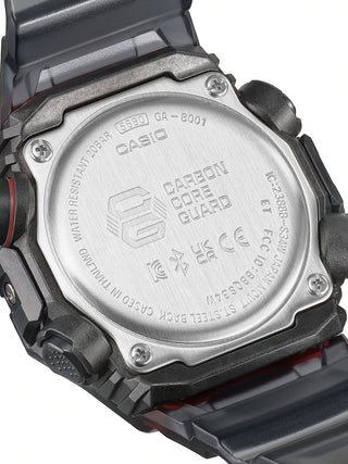 Angle shot of Casio G-Shock GA-B001G-1AER Red Dial Grey Resin Mens Watch on white background