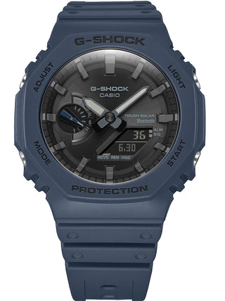 Angle shot of Casio G-Shock GA-B2100-2AER Black Dial Blue Resin Mens Watch on white background