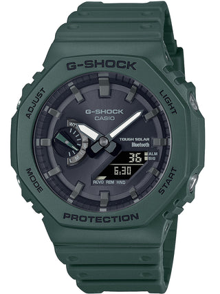 Front view of Casio G-Shock GA-B2100-3AER Black Dial Green Resin Mens Watch on white background