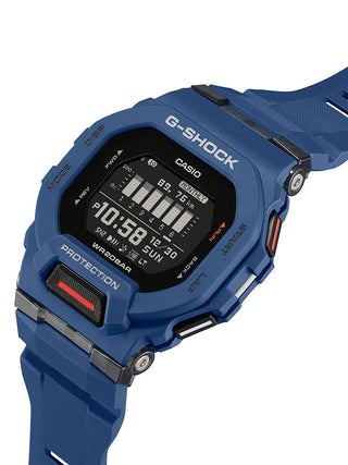 Angle shot of Casio G-Shock GBD-200-2ER Black Dial Blue Resin Mens Watch on white background