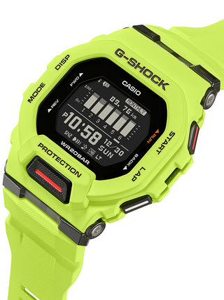Angle shot of Casio G-Shock GBD-200-9ER Black Dial Yellow Resin Mens Watch on white background