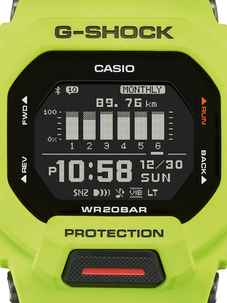 Angle shot of Casio G-Shock GBD-200-9ER Black Dial Yellow Resin Mens Watch on white background