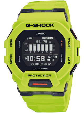 Front view of Casio G-Shock GBD-200-9ER Black Dial Yellow Resin Mens Watch on white background