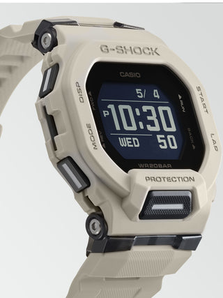 Angle shot of Casio G-Shock GBD-200UU-9ER Black Dial White Resin Mens Watch on white background