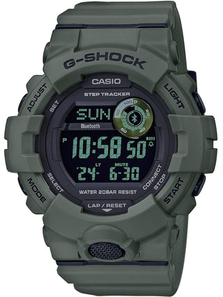 Front view of Casio G-Shock GBD-800UC-3ER Black Dial Green Resin Mens Watch on white background