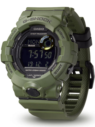 Angle shot of Casio G-Shock GBD-800UC-3ER Black Dial Green Resin Mens Watch on white background