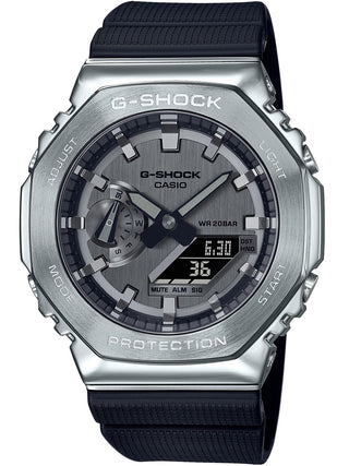 Front view of Casio G-Shock GM-2100-1AER Grey Dial Black Resin Mens Watch on white background