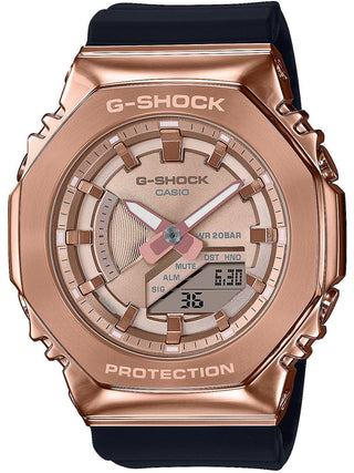 Front view of Casio G-Shock GM-S2100PG-1A4ER Rose Gold Dial Black Resin Mens Watch on white background