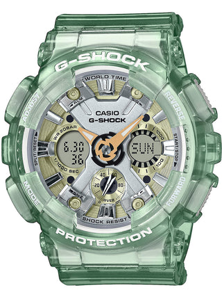 Front view of Casio G-Shock GMA-S120GS-3AER Grey Dial Green Resin Unisex Watch on white background