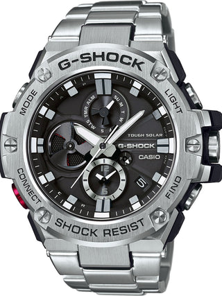 Front view of Casio G-Shock GST-B100D-1AER Black Dial Grey Stainless Steel Mens Watch on white background