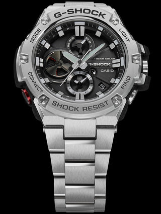 Angle shot of Casio G-Shock GST-B100D-1AER Black Dial Grey Stainless Steel Mens Watch on white background