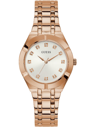 Front view of Guess line Diamonds GW0114L3 White Dial Rose Gold Stainless Steel Womens Watch on white background