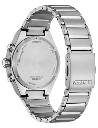 Angle shot of Citizen Chronograph CA4690-51E Black Dial Silver Titanium Unisex Watch on white background