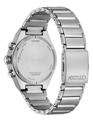 Angle shot of Citizen Chronograph CA4691-59L Blue Dial Silver Titanium Unisex Watch on white background