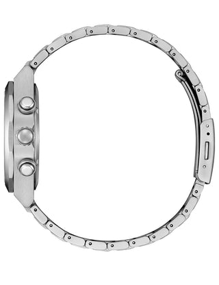 Angle shot of Citizen Chronograph CA4691-59X Green Dial Silver Titanium Unisex Watch on white background