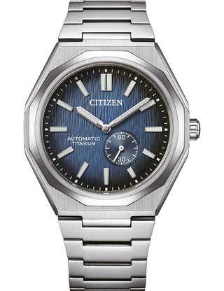 Front view of Citizen NK5020-58M Blue Dial Silver Titanium Unisex Watch on white background