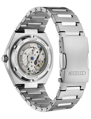 Angle shot of Citizen NK5020-58M Blue Dial Silver Titanium Unisex Watch on white background