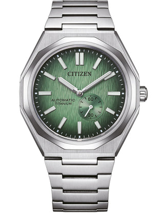 Front view of Citizen NK5020-58X Green Dial Silver Titanium Unisex Watch on white background