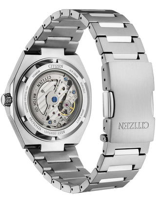 Angle shot of Citizen NK5020-58X Green Dial Silver Titanium Unisex Watch on white background