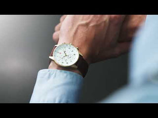 Angle shot of Swiss Military By Chrono Chronograph SM34012.06 White Dial Black Leather Unisex Watch on white background