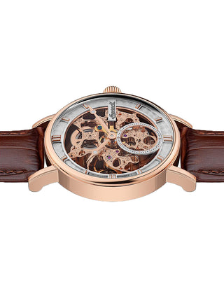 Angle shot of Ingersoll 1892 I00401B Rose Gold Dial Brown Leather Unisex Watch on white background