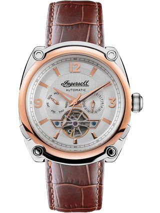 Angle shot of Ingersoll 1892 I01103B White Dial Brown Leather Unisex Watch on white background