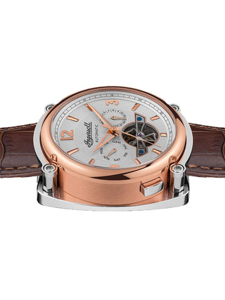 Angle shot of Ingersoll 1892 I01103B White Dial Brown Leather Unisex Watch on white background