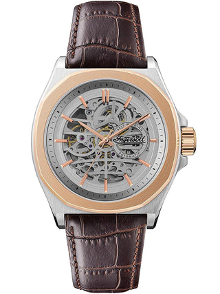 Angle shot of Ingersoll 1892 I09301B Silver Dial Brown Leather Unisex Watch on white background