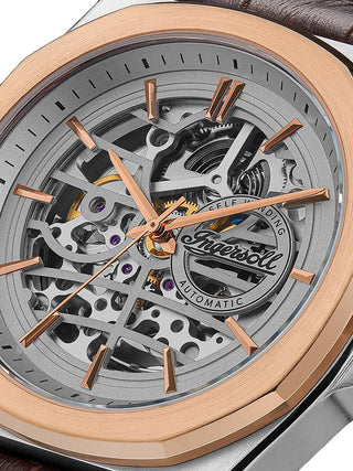 Angle shot of Ingersoll 1892 I09301B Silver Dial Brown Leather Unisex Watch on white background