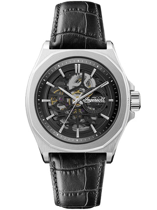 Angle shot of Ingersoll 1892 I09302B Black Leather Unisex Watch on white background