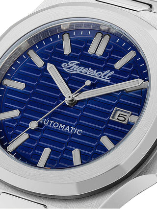 Angle shot of Ingersoll 1892 I11801 Blue Dial Silver Stainless Steel Unisex Watch on white background