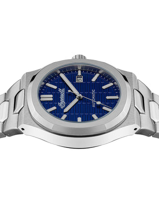 Angle shot of Ingersoll 1892 I11801 Blue Dial Silver Stainless Steel Unisex Watch on white background