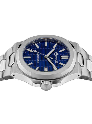 Angle shot of Ingersoll 1892 I11801 Blue Dial Silver Stainless Steel Unisex Watch on white background