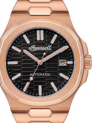 Front view of Ingersoll 1892 I11802 Black Dial Rose Gold Stainless Steel Unisex Watch on white background