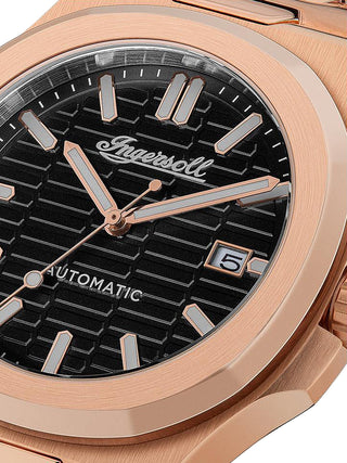 Angle shot of Ingersoll 1892 I11802 Black Dial Rose Gold Stainless Steel Unisex Watch on white background