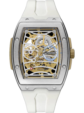 Front view of Ingersoll 1892 I12309 Gold Dial White Silicone Unisex Watch on white background