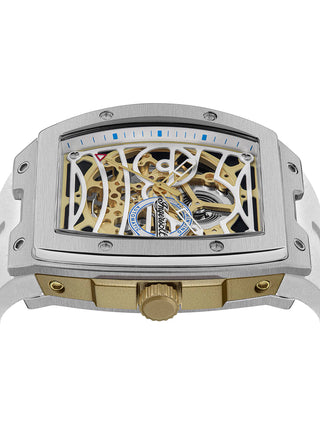 Angle shot of Ingersoll 1892 I12309 Gold Dial White Silicone Unisex Watch on white background