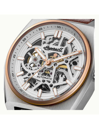 Angle shot of Ingersoll 1892 I14302 Silver Dial Brown Leather Unisex Watch on white background