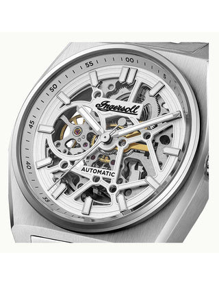 Angle shot of Ingersoll 1892 I14303 Silver Dial Black Stainless Steel Unisex Watch on white background