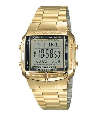 Front view of Casio Databank DB-360G-9A Black Dial Gold Stainless Steel Unisex Watch on white background