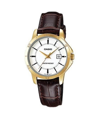 Front view of Casio Collection LTP-V004GL-7A White Dial Brown Leather Womens Watch on white background