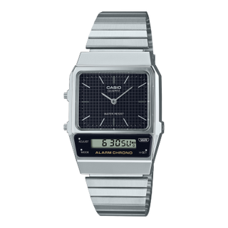 Front view of Casio Retro Vintage AQ-800E-1A Black Dial Grey Stainless Steel Unisex Watch on white background