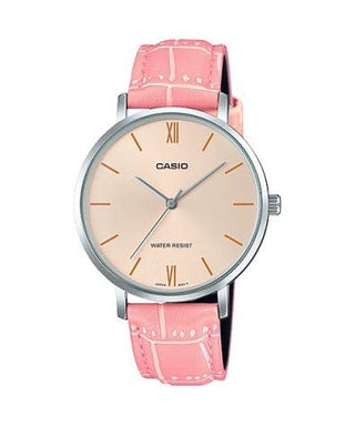 Front view of Casio Collection LTP-VT01L-4B Pink Leather Womens Watch on white background