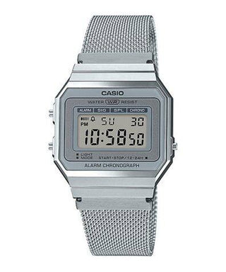 Front view of Casio Retro Vintage A700WM-7A Grey Stainless Steel Unisex Watch on white background