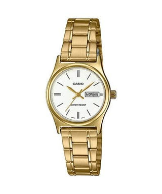 Front view of Casio Collection LTP-V006G-7B White Dial Gold Stainless Steel Womens Watch on white background