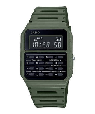 Front view of Casio Databank CA-53WF-3B Black Dial Green Resin Unisex Watch on white background