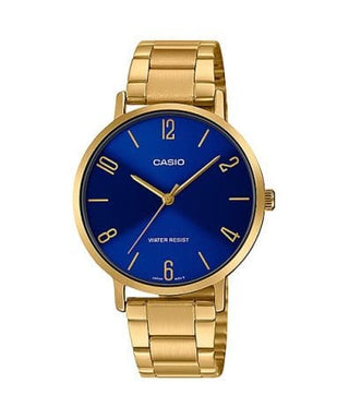 Front view of Casio Collection LTP-VT01G-2B Blue Dial Gold Stainless Steel Womens Watch on white background